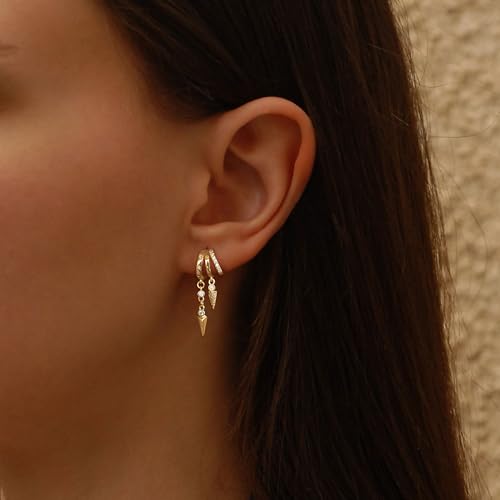 Dangle Earrings for Women,14k Gold Plated Triple Huggie Stud Earrings Cute Statement Chain Earring Dainty Drop Earrings for Women Trendy Gold Plated Jewelry - color: dangle2-Gold