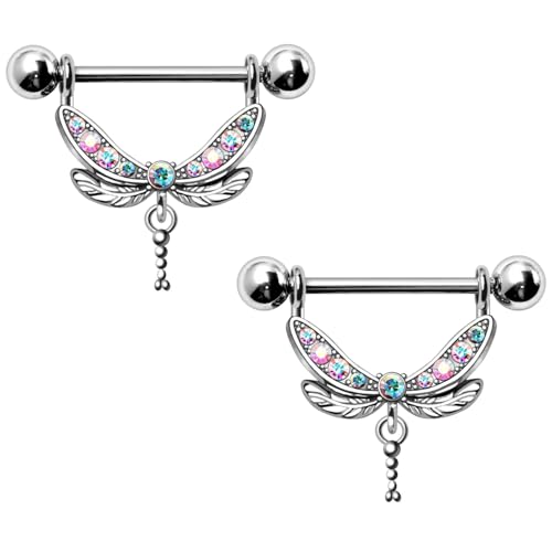 Pierced Owl 14GA 316L Stainless Steel CZ Crystal Aurora Borealis Dragonfly Dangling Nipple Barbells, Sold as a Pair