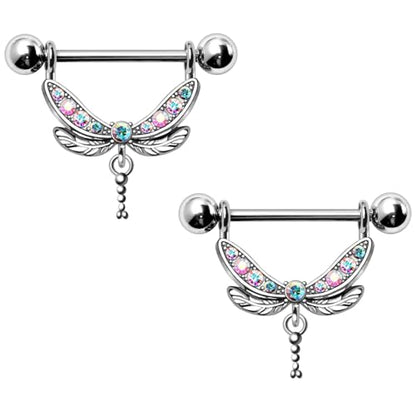 Pierced Owl 14GA 316L Stainless Steel CZ Crystal Aurora Borealis Dragonfly Dangling Nipple Barbells, Sold as a Pair
