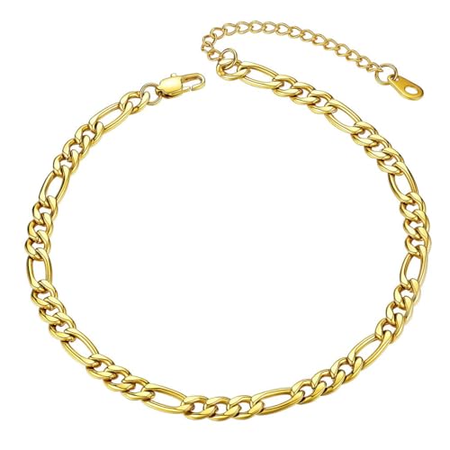 ChainsHouse Ankle Bracelets for Women, Stainless Steel Beaded Chain Ankle Bracelet, Womens Heart Anklets for Summer Beach Jewelry Gifts - color: F: figaro-5mm-gold