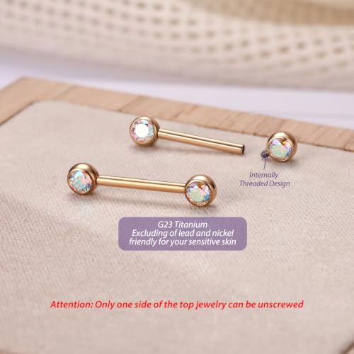 FUNLMO 2pcs Nipple Piercing Jewelry Titanium Nipple Rings Internally Threaded Tongue Rings Bridge Piercing Jewelry Nipple Barbells 14G 12-20mm - color: Rose gold,Aurora Borealis CZ