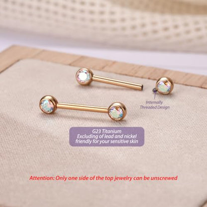 FUNLMO 2pcs Nipple Piercing Jewelry Titanium Nipple Rings Internally Threaded Tongue Rings Bridge Piercing Jewelry Nipple Barbells 14G 12-20mm - color: Rose gold,Aurora Borealis CZ