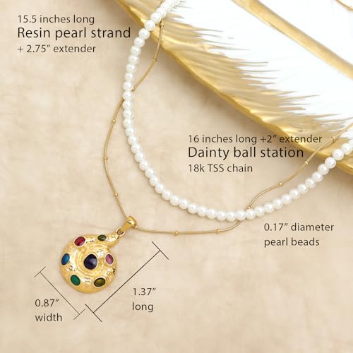 Gold Pendant Pearl Layered Choker Necklace Set for Woman, Chunky Charm Adjustable Pearls Bead Gemstone Shell Conch Tiger Eye Natural Stone Bow Chain Nacklaces Fall Fashion Prom Jewelry Gift. - color: Gem