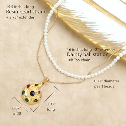 Gold Pendant Pearl Layered Choker Necklace Set for Woman, Chunky Charm Adjustable Pearls Bead Gemstone Shell Conch Tiger Eye Natural Stone Bow Chain Nacklaces Fall Fashion Prom Jewelry Gift. - color: Gem