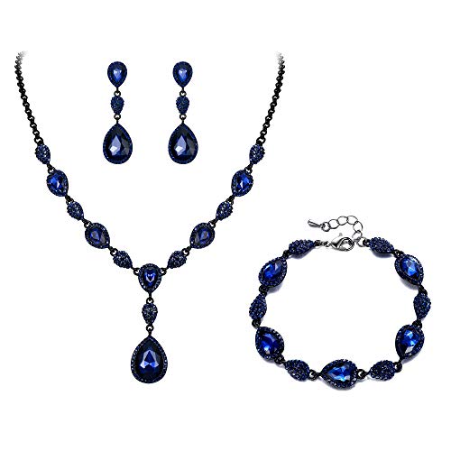 EleQueen Women's Wedding Bridal Jewelry Sets for Brides Bridesmaids, Cubic Zirconia Teardrop Necklace Tennis Bracelet Dangle Earrings Jewellery Set - color: 12-Sapphire Color Black-Tone