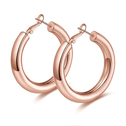 wowshow Gold Hoop Earrings for Women Chunky Hoops 14K Gold Plated Thick Hollow Tube Lightweight Earrings for Mother Birthday Gifts 20/25/30/40/50MM - color: Rose Gold-40MM