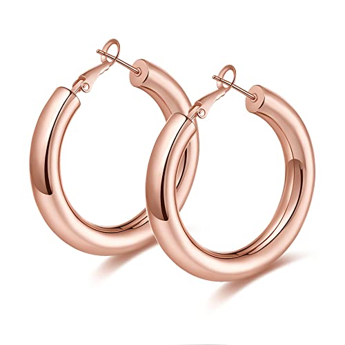 wowshow Gold Hoop Earrings for Women Chunky Hoops 14K Gold Plated Thick Hollow Tube Lightweight Earrings for Mother Birthday Gifts 20/25/30/40/50MM - color: Rose Gold-40MM