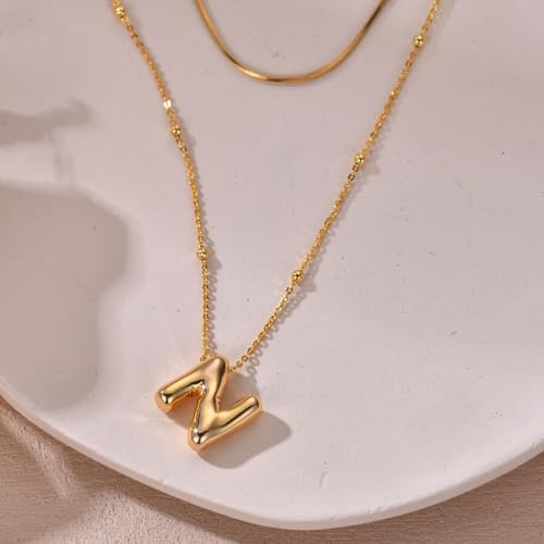 LUCA SMITH 2-Piece Initial Necklaces for Women, Dainty Balloon Bubble A-Z Letter Necklace Set, Name Letter Alphabet Pendant Layered Choker Necklaces Personalized Jewelry Gift - color: Gold bubble letter necklace, style: Initial Set-N