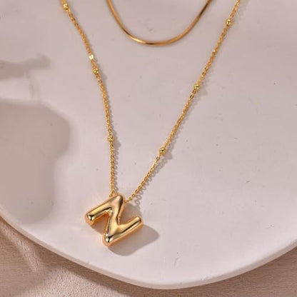 LUCA SMITH 2-Piece Initial Necklaces for Women, Dainty Balloon Bubble A-Z Letter Necklace Set, Name Letter Alphabet Pendant Layered Choker Necklaces Personalized Jewelry Gift - color: Gold bubble letter necklace, style: Initial Set-N