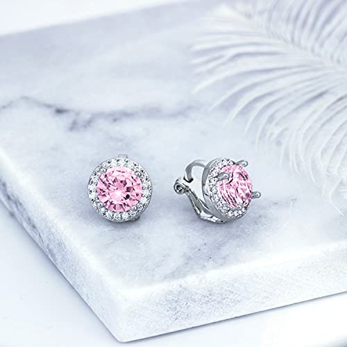 YOQUCOL 8MM Cubic Zirconia Crystal Clip On Stud Earrings Round Non Pierced Earrings for Women - color: Pink