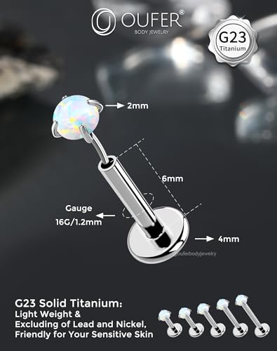 OUFER 2PCS 16G/20G Nose Lip Studs, G23 Solid Titanium Threadless Push in Nose Nostril Lip Labret Medusa Monroe Helix Cartilage Tragus Conch Lobe Piercing Jewelry for Women Men - color: Silver bar, Claw Opal, size: 2pcs, 16g 6mm, 1.5mm Opal