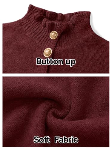 MEROKEETY Women's Fall Trendy Chunky Knit Cardigan Casual Ruffle Sweaters | Button Down, Long Sleeve, Cute Ruffle Collar, Mock Neck, Fashion Cozy Knit Sweater, Dressy Casual Winter Outerwear Clothes - color: Burgundy, size: Large