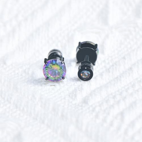 Titanium Flat Back Surgical Stainless Steel Stud Earrings for Women Men,Birthstone Stud Earrings Hypoallergenic Double Side 5A Cubic Zirconia Studs Jewelry 6mm - color: Black-Rainbow CZ