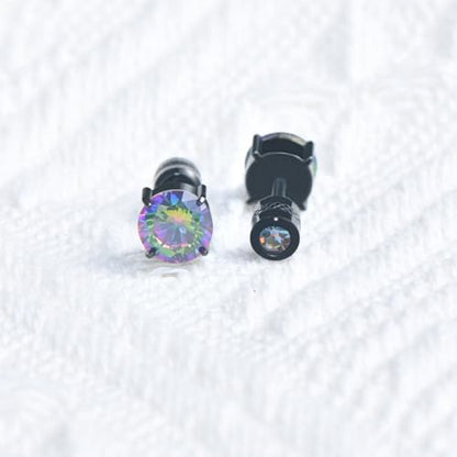 Titanium Flat Back Surgical Stainless Steel Stud Earrings for Women Men,Birthstone Stud Earrings Hypoallergenic Double Side 5A Cubic Zirconia Studs Jewelry 6mm - color: Black-Rainbow CZ