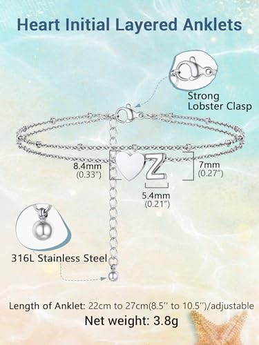 Initial Ankle Bracelets for Women, Dainty Stainless Steel Letter A-Z Layered Anklets, Heart Ankle Bracelet 8.5"-10.5" Adjustable, Summer Beach Jewelry, Come with Box - color: Silver, size: Z