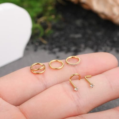 Xpircn 5pcs Hoop Nose Rings and L Shaped Nose Rings Stud Set 18G/20G Stainless Steel CZ Helix Conch Daith Tragus Cartilage Hoop Earrings for Women 6mm 7mm 8mm 10mm - color: Gold, size: 18G, 6mm hoop & 7mm studs