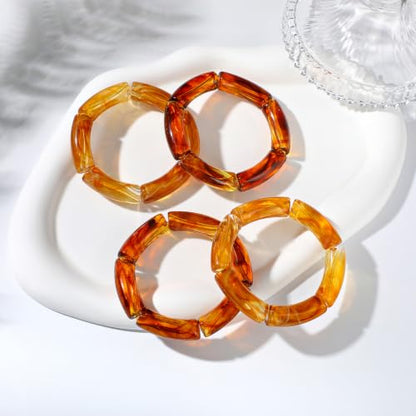 GOOJIDS Simple Beaded Gold Plated Bangles Bracelet Chunky Bamboo Tube Curved Stacking Clear Acrylic Colorful Beads Stretchable Gold Plated Bracelets Set For Women - color: S-Brown 4pc Set