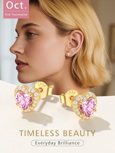 FindChic Birthstone Earrings for Women, Round/Heart/Square/Teardrop Earrings with 925 Sterling Silver Posts & Push Backs, Hypoallergenic Studs with Cubic Zirconia, 12 Months Jewelry with Gift Box - style: 10. October-Pink Tourmaline (Heart-Gold)