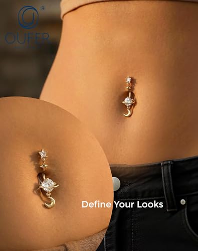 OUFER 14G Star Moon Planet Silver Gold Dangle Belly Button Rings 316L Surgical Stainless Steel CZ Belly Piercing Jewelry 10mm Navel Rings for Women - color: Gold