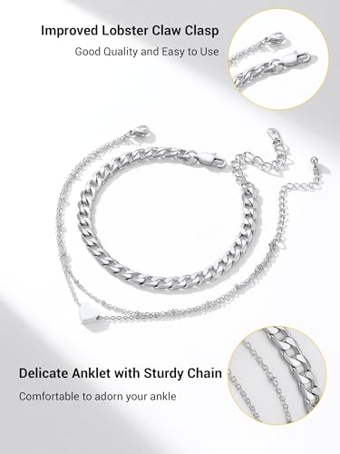 PROSTEEL Trendy Handcuffs Design/Customize Words Ankle Bracelet For Women, 316L Stainless Steel Anklets Silver/Gold/Black Tone, Hypoallergenic, Come with Box - style: 05.2 Layered-Cuban&Heart-Silver