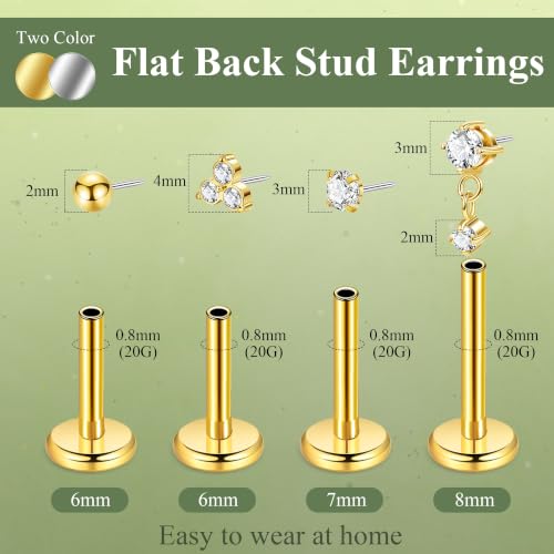 4Pairs 18G 20G G23 Titanium Threadless Flat Back Stud Earrings CZ Push in Nose Studs Hypoallergenic Tragus Cartilage Helix Conch Lip Labret Medusa Stud Piercing Jewelry - color: Silver, size: 20G