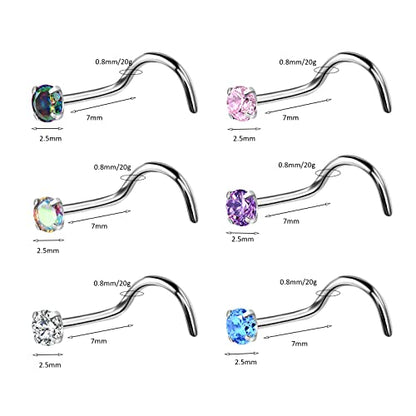 BelezaDosas 6pcs G23 Titanium Nose Studs 18G 20G Screw Nose Ring Press Fit 2mm 2.5mm 3mm Piercing Jewelry for Sensitive Skin - style: 20G 2.5mm Claw CZ 6PCS