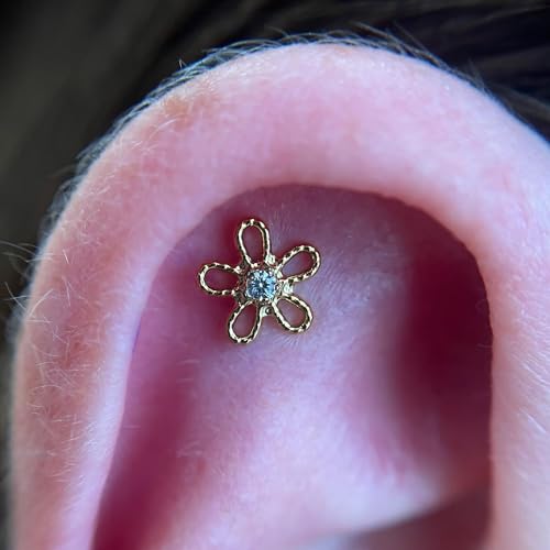 FINE4U 1PC ASTM F136 Titanium 16G Flatback Stud for Tragus, Helix, Conch 6mm 8mm - Screw on Cartilage Earring Piercing Jewelry - color: Flower - Gold