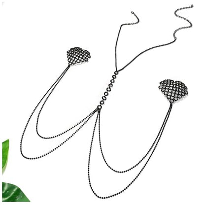 Rhinestone Heart Bra Chain Non Piercing Nipple Jewelry Festival Rave Layered Sexy Necklace Crystal Nipple Body Accessories Jewelry for Women Party - color: Black