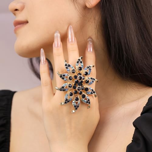 Elegant Big Crystal Flower Ring for Women Gold Rhinestone Floral Rings Open Finger Adjustable Crystal Flower Statement Ring Jewelry for Bridal Wedding - color: Flower 2 - blue