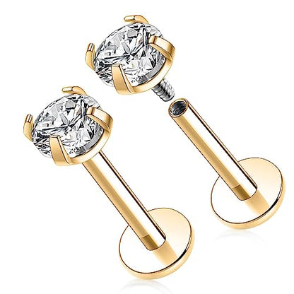 GAGABODY G23 Titanium 16G 6/8/10mm Clear CZ/Opal Internally Threaded Labret Monroe Lip Studs 6mm Helix Cartilage Tragus Earring Piercing - color: 16G-2Pcs-Gold-Length:8mm CZ:4mm