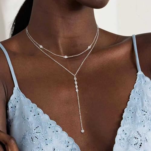 Lariat Necklace for Women, Dainty Long Necklaces, 14k Gold/Silver Plated Y-Shaped Drop Chain Necklace, Simple Layered Necklaces, Trendy Jewelry Gifts - style: CZ Layered Y Necklace-Silver