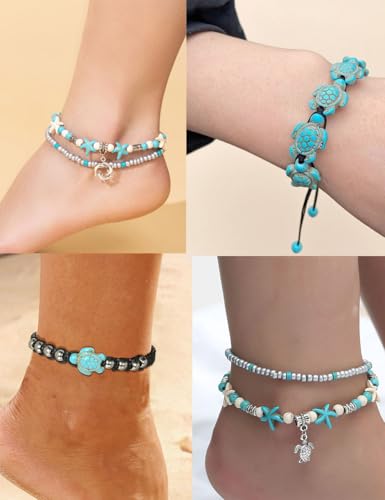 12Pcs Shell Turtle Ankle Bracelets Handmade Seashell Bead Starfish Cowrie Dolphin Adjustable Layered Anklets for Women Boho Hawaii Summer Beach Foot Jewelry - style: A: Turtle