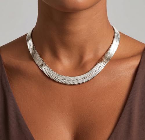 WomenGifts 14K Gold Silver Plated Herringbone Necklace for Women, Dainty Snake Chain Choker, Trendy Simple Long Layered Jewelry Non Tarnish, 3/4/5/8mm,14,16,18,20,22,24,26 Inch Thin & Chunky Options - color: Silver, style: 8mm-16inch