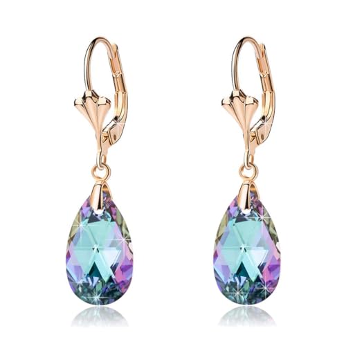 Austrian Crystal Teardrop Leverback Dangle Earrings for Women Fashion 14K Gold Plated Hypoallergenic Jewelry - color: Vitrail Light