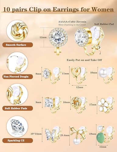 THUNARAZ 10Pairs Clip On Earrings for Women Lightweight Non Pierced Set | Hypoallergenic Gold Stud Earrings,Fake Earrings Set,Cute Pearl CZ Flower Cat Heart,Secure Clip Fit,Extra Soft Silicone Pads - style: goldA