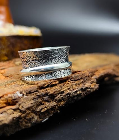 925 Sterling Silver Spinner Ring for Men & Women Engraved Floral Band Anxiety Relief Fidget Ring Meditation Ring Statement Jewelry Size 5 To 12