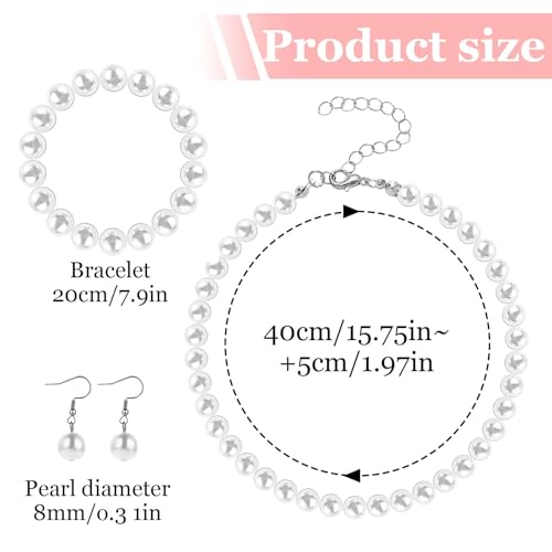 12 Pcs White Pearls Necklace Set 8mm Faux Pearl Necklace and Earring Set for Women Imitation Pearls Necklaces Dangle Earrings Bracelets Costume Jewelry Sets for Wedding Bridal Shower Birthday Gifts