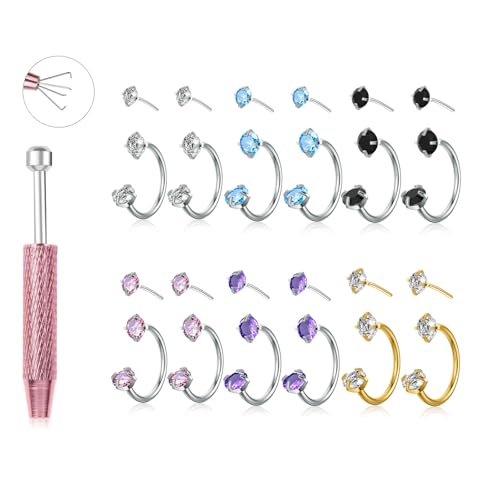 TOPBRIGHT 12PCS 316L Stainless Steel Horseshoe Nose Rings - 20G Threadless Push Pin Hoops with Double Cubic Zirconia for Women Men, Septum/Helix/Daith/Lip Piercing (7mm & 8mm)