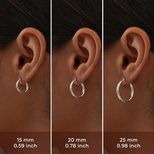 Charmsy Set of 3 Pairs 925 Sterling Silver Hoop Earrings for Women | Lightweight Italian 2.5mm Tube Diamond-Cut Classic Texured Click-Top Hoops Earring | Size 12/13/15/18/20/25mm - color: Silver-15/21/25mm