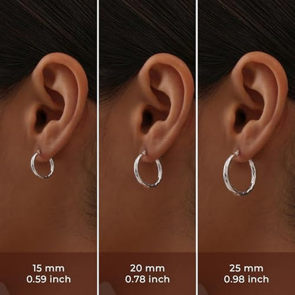 Charmsy Set of 3 Pairs 925 Sterling Silver Hoop Earrings for Women | Lightweight Italian 2.5mm Tube Diamond-Cut Classic Texured Click-Top Hoops Earring | Size 12/13/15/18/20/25mm - color: Silver-15/21/25mm