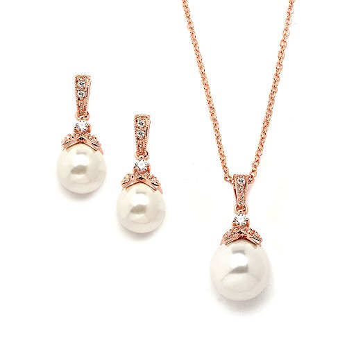 Mariell Pearl Drop Bridal Necklace Earrings Set with CZ Crystals for Bride, Bridesmaid, Birthday Gift - color: Rose Gold Necklace Earrings Set