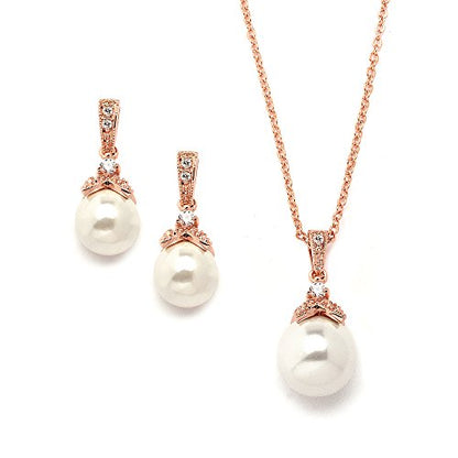 Mariell Pearl Drop Bridal Necklace Earrings Set with CZ Crystals for Bride, Bridesmaid, Birthday Gift - color: Rose Gold Necklace Earrings Set