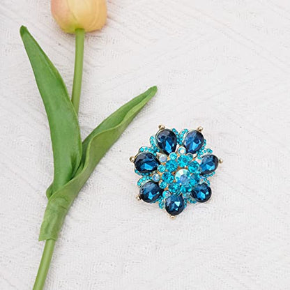 Flower Shape Crystal Cocktail Stretch Ring Party Prom Floral Statement Elastic Ring for Women - color: 2RI255-Aquamarine-gold tone