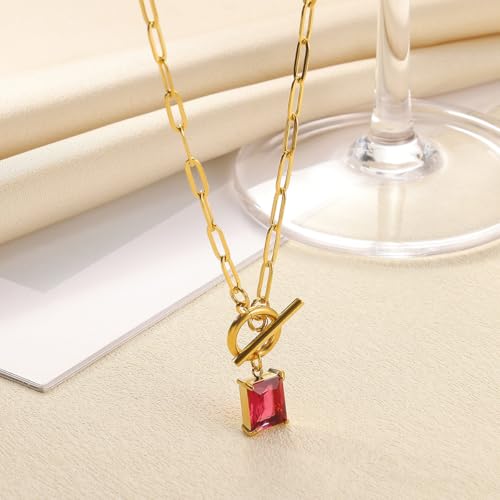 Diamond Necklaces for Women Natural Stone Paperclip Toggle Necklace 14K Gold Plated Emerald Birthstone Necklace for Women Paper Clip Chain Blue Green Cubic Zirconia Pendant Birthday Gifts for Women Mother Jewelry - color: 10. October(Tourmaline)