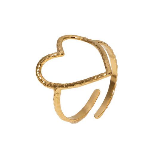 Hollow Heart Titanium Steel Ring for Women Open heart shaped stainless steel ring Irregular Hammered Heart Adjustable index finger Ring - color: gold