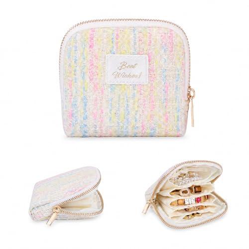 Stratalife Small Travel Jewelry Case, Qulited Storgae Pouch | Portable Jewelry Organizer for Gemstones Healing Crystal & Bracelets Bangles, 6 Pouches Ring Holder with Zipper, Light Blue - color: Quilted Candy