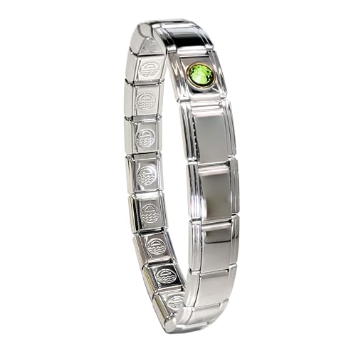 Birthstone Charm Bracelet Jewelry, Italian Modular Family Birthstone Charm Starter Stainless Steel - color: 18 LINKS-SILVER-08-August