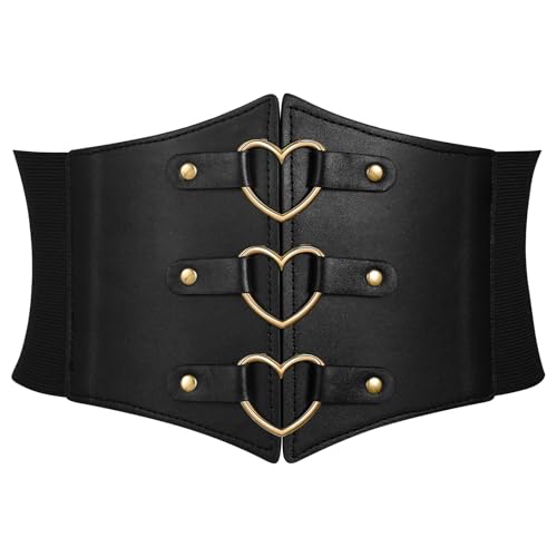 Women Corset Belt Heart Wide Elastic Waist Belt for Daily Halloween Costume | Metal Heart-Ring Decor, 4.5" Wide Waist Corset, 3 Silver Snap, Pirate Corset Belt for Renaissance Cosplay Outfits - color: Gold Heart Black, size: 32" fit waist: 29" -34"