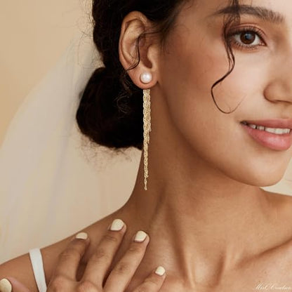 CHESKY Pearl Drop Earrings for Women, 14K Gold Plated Pearl Dangle Earrings | Dainty Pearl Earrings for Women,WaterProof Gold Brides Wedding Earrings,Bridesmaid Bridal Gift,Trendy Women Everyday Jewelry - style: chain
