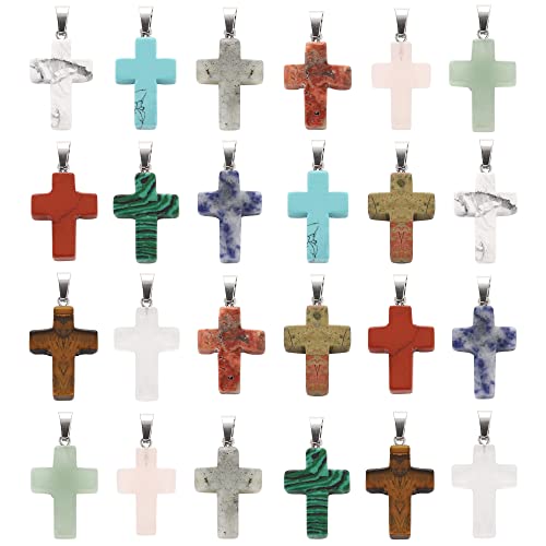 Lezam 24 Pieces Healing Crystal Heart Moon Cross Shaped Pendants Necklace Charms for DIY Jewelry Making Natural Quartz Stones Chakra Love Beads Bulk - color: 24Pcs-E
